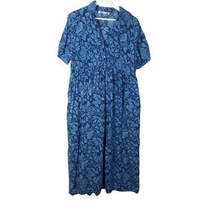 Dolma Midi Dress Size Large Blue Floral Cotton Flowy Peasant Boho Bohemian